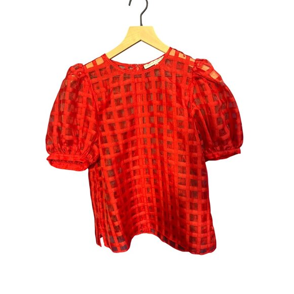 English Factory Womens Red Sheer Grid Pattern Blouse S - Picture 1 of 5